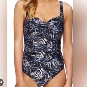 Niptuck One Piece Ruching Silver Blue‎ and White Leaf Print Swimsuit US Size 4